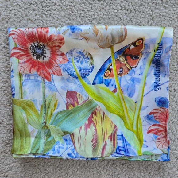 Silk Scarf Hand-Rolled Tulips Netherlands Oblong Madame Blue Floral - Picture 12 of 12